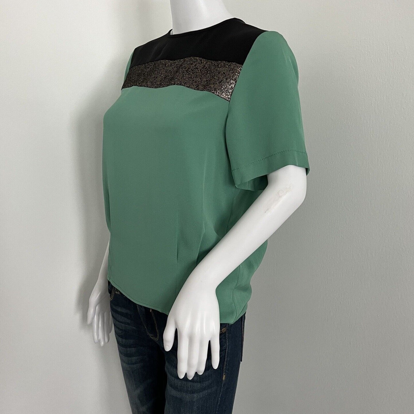 Diane von Furstenberg Women's Silk Blouse Size 6 Green Colorblock Short Sleeve