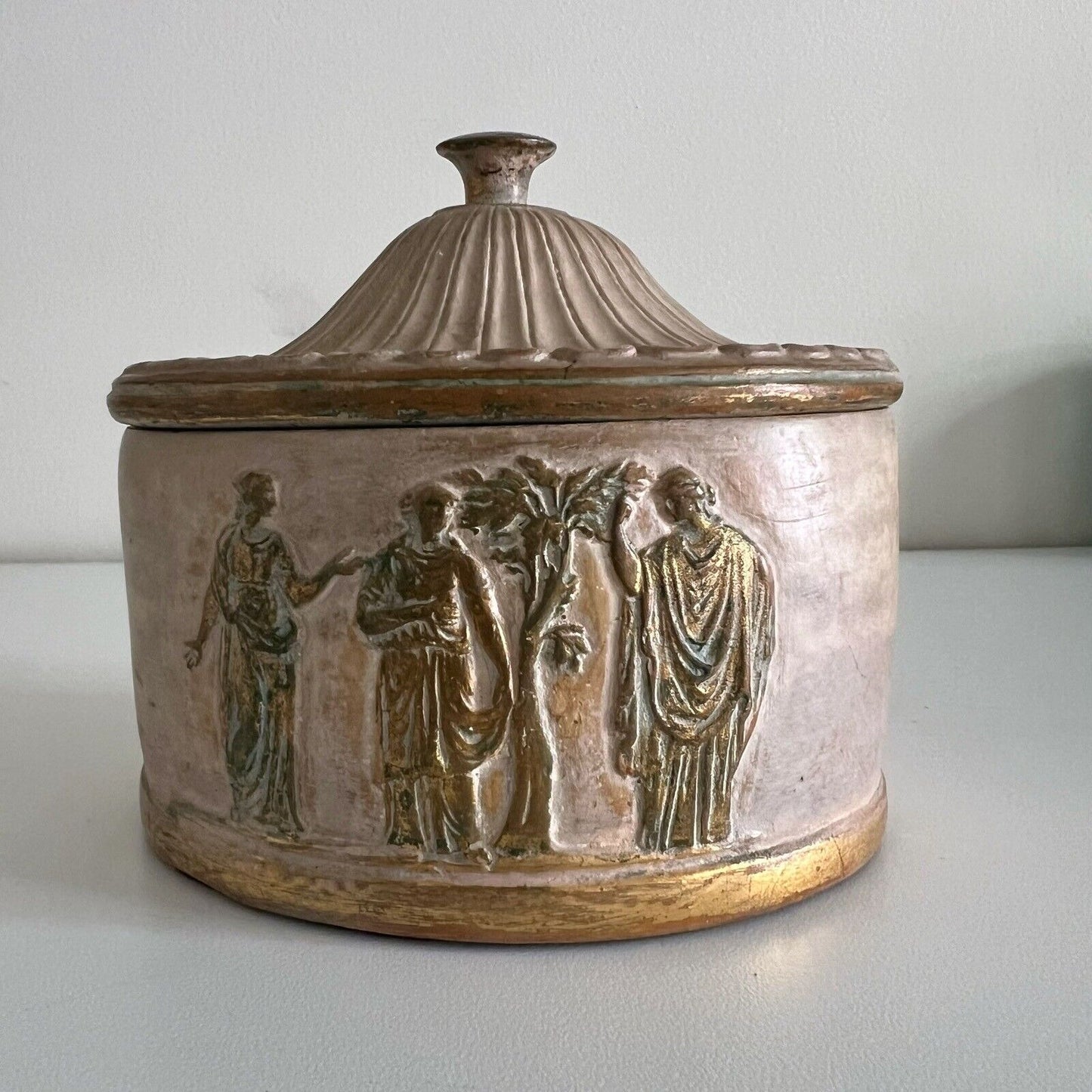 Vintage Borghese Oval Gilt Box Fluted Lid Greek Figures Beige Chalkware Blue