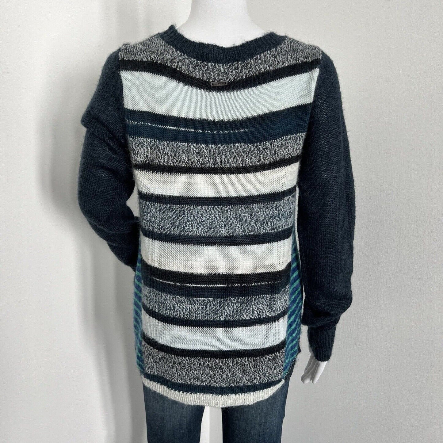 prAna Women's Nautical Seffi Sweater Size M Wool Blend Blue Gray Striped Relaxed