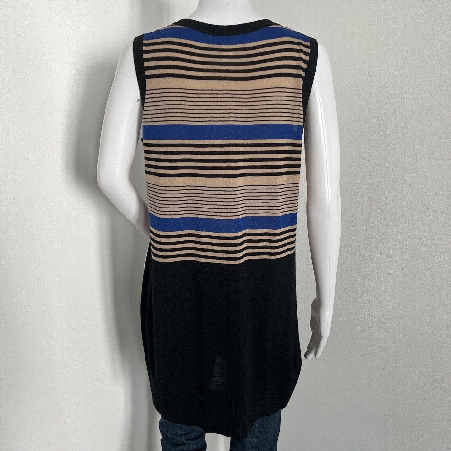 Akris Punto Sleeveless Top Size 12 44 100% Wool Blue Black Striped Colorblock