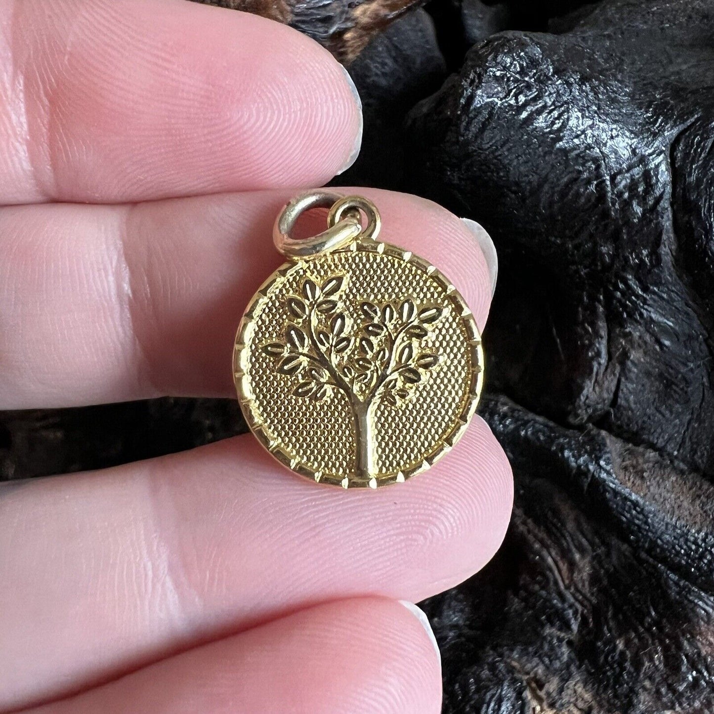 Vintage Tree of Life Charm Marked LA CN Gold Tone Embossed Knowledge Fertility