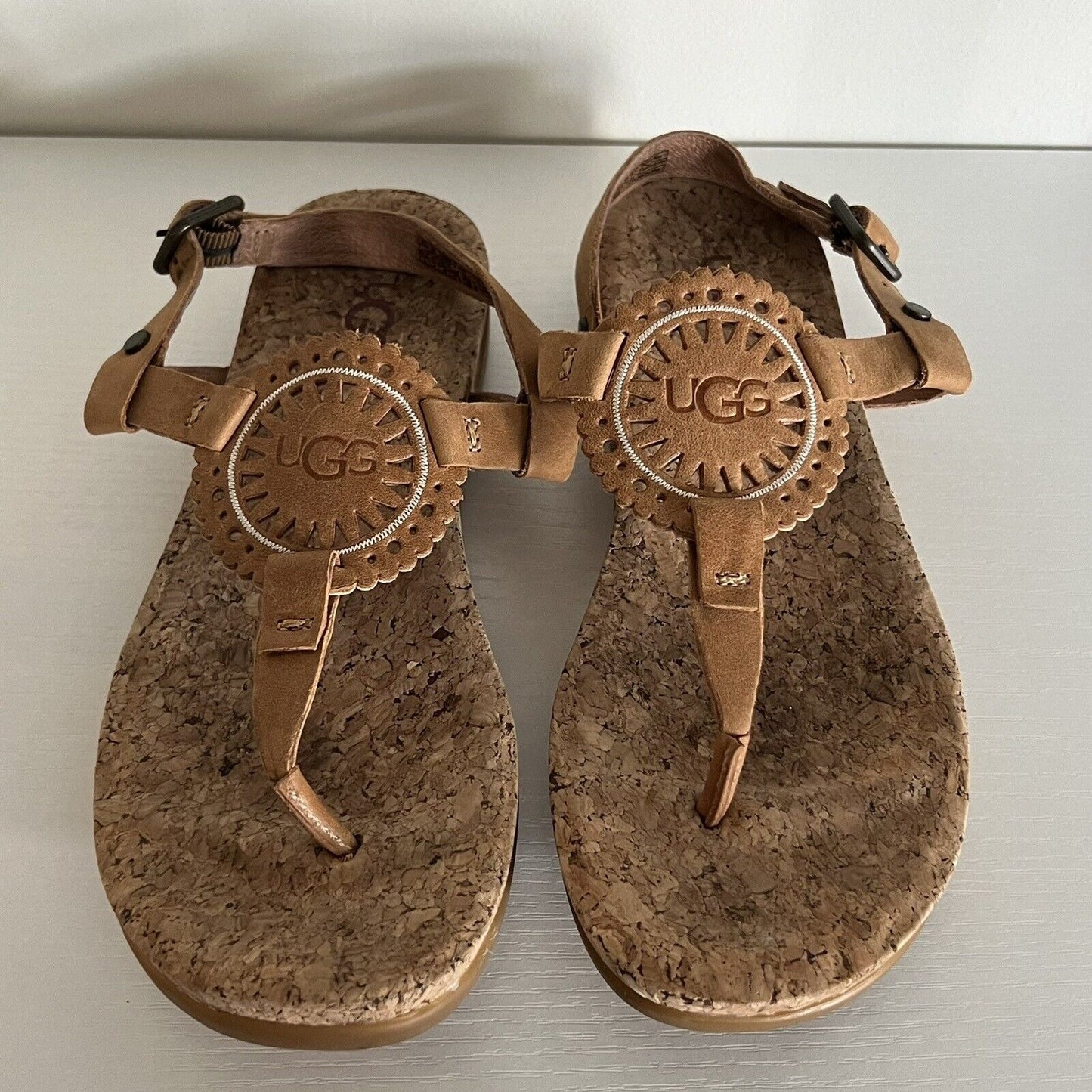 Ugg Women's Ayden II Sandals Size 6 Tan Leather Memory Foam Cork SN 1020063