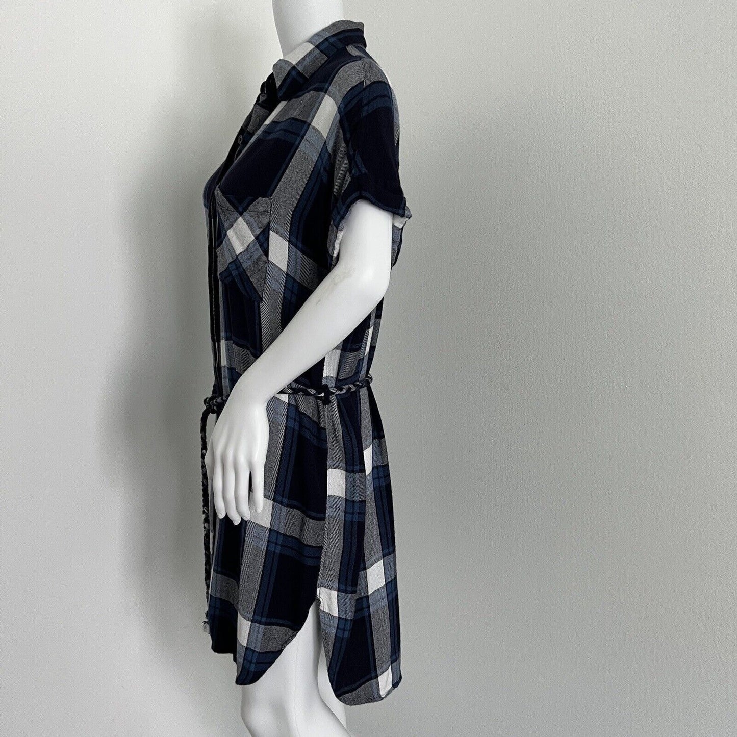 Rails Women Plaid Shirt Dress Size S Blue White Plaid Braided Belt Short Sleeve