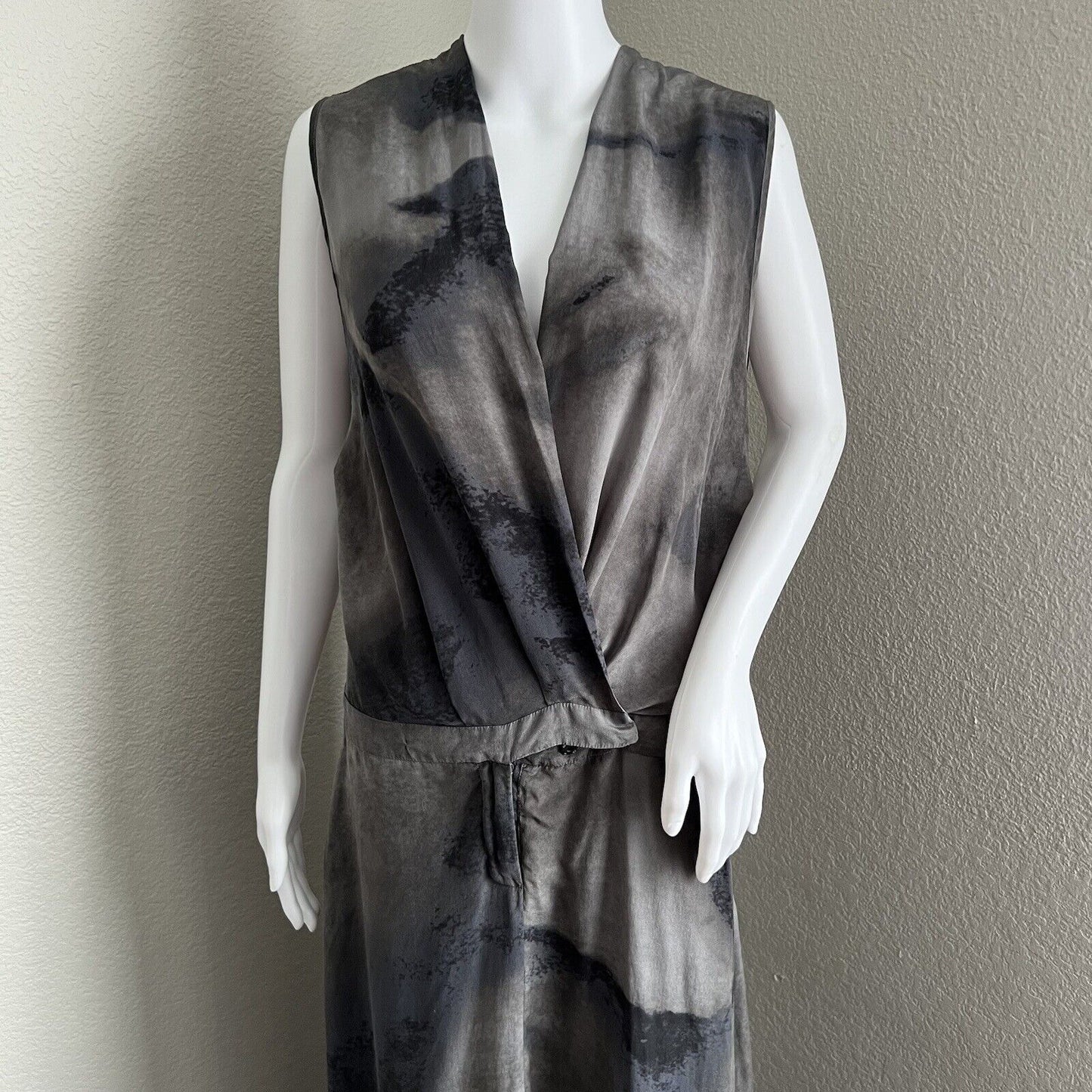 Biya Johnny Was Dress Size S Gray Blue 100% Silk Vneck Wrap Maxi with Pockets