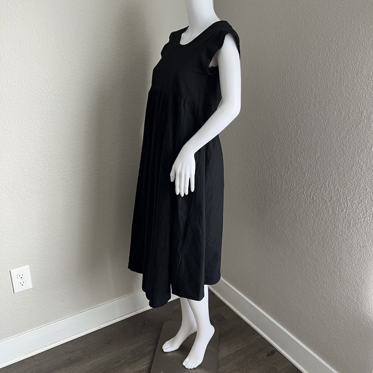 Datura Empire Waist Dress Size 1 S Black Cap Sleeve Midi 100% Cotton VBack Spain