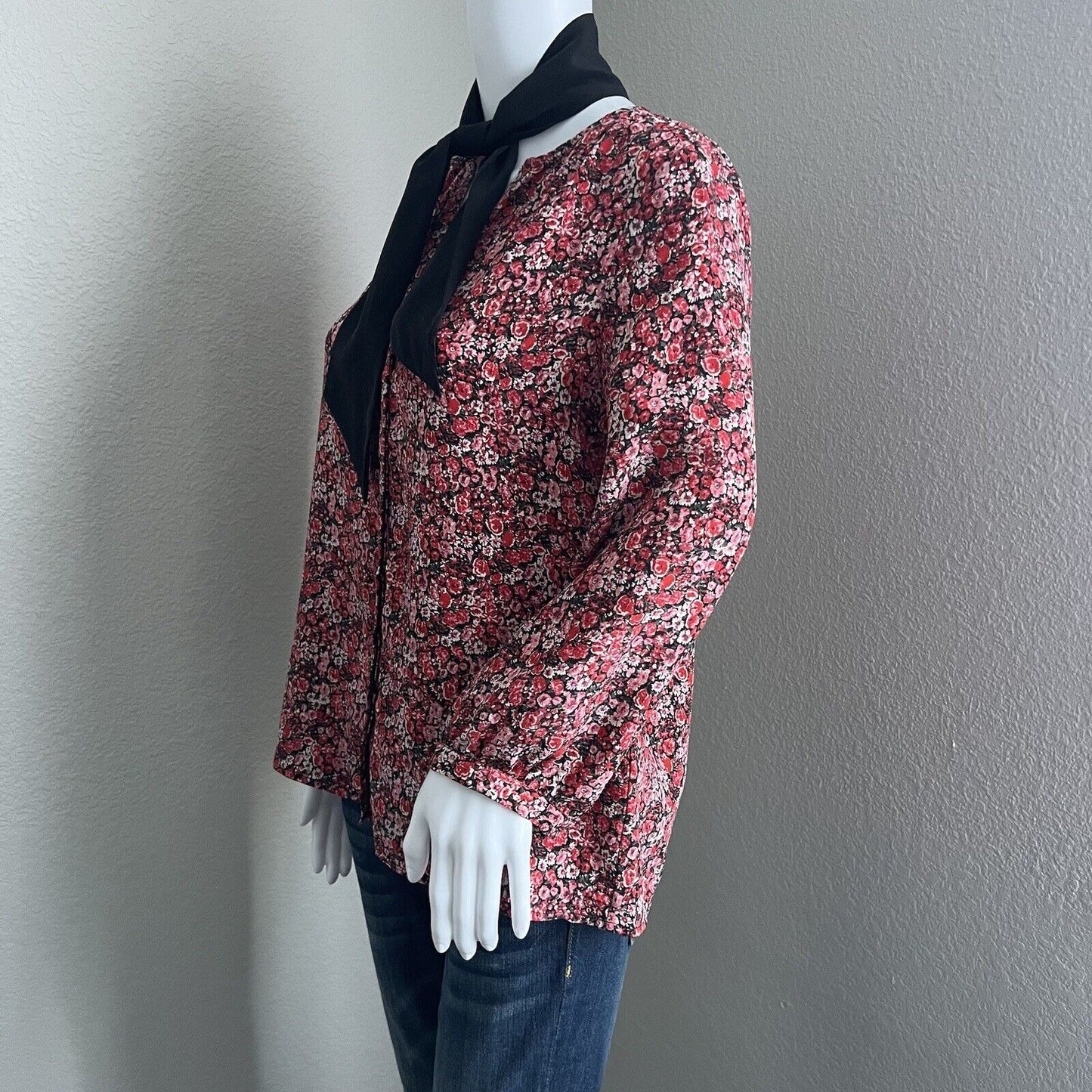 Joie Women's Elick Silk Blouse Size XXS Black Red Floral Grenadine Removable Tie