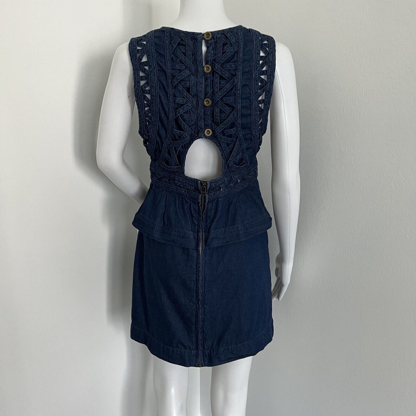 Free People New Romantics Women's Highland Mini Dress Size 6 Denim Blue Caged