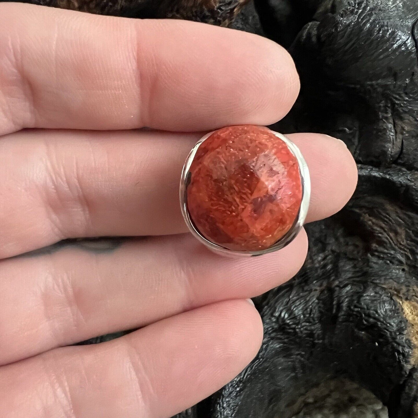 CN Checkerboard Cut Semi Precious Red Stone Ring Size 8 Sterling Silver 925