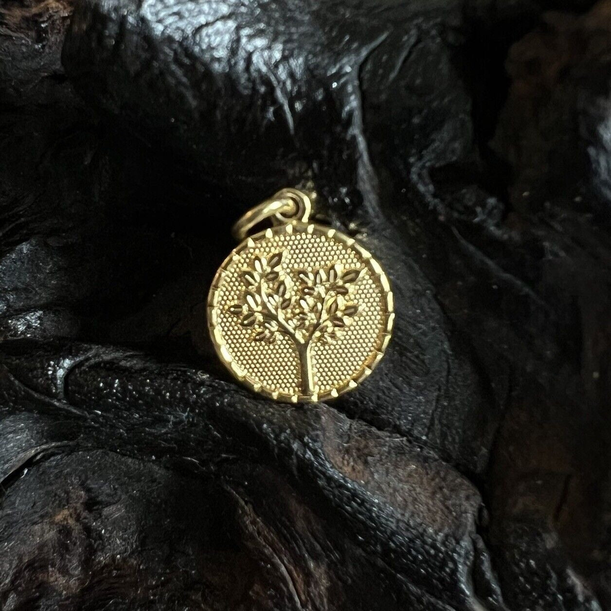 Vintage Tree of Life Charm Marked LA CN Gold Tone Embossed Knowledge Fertility