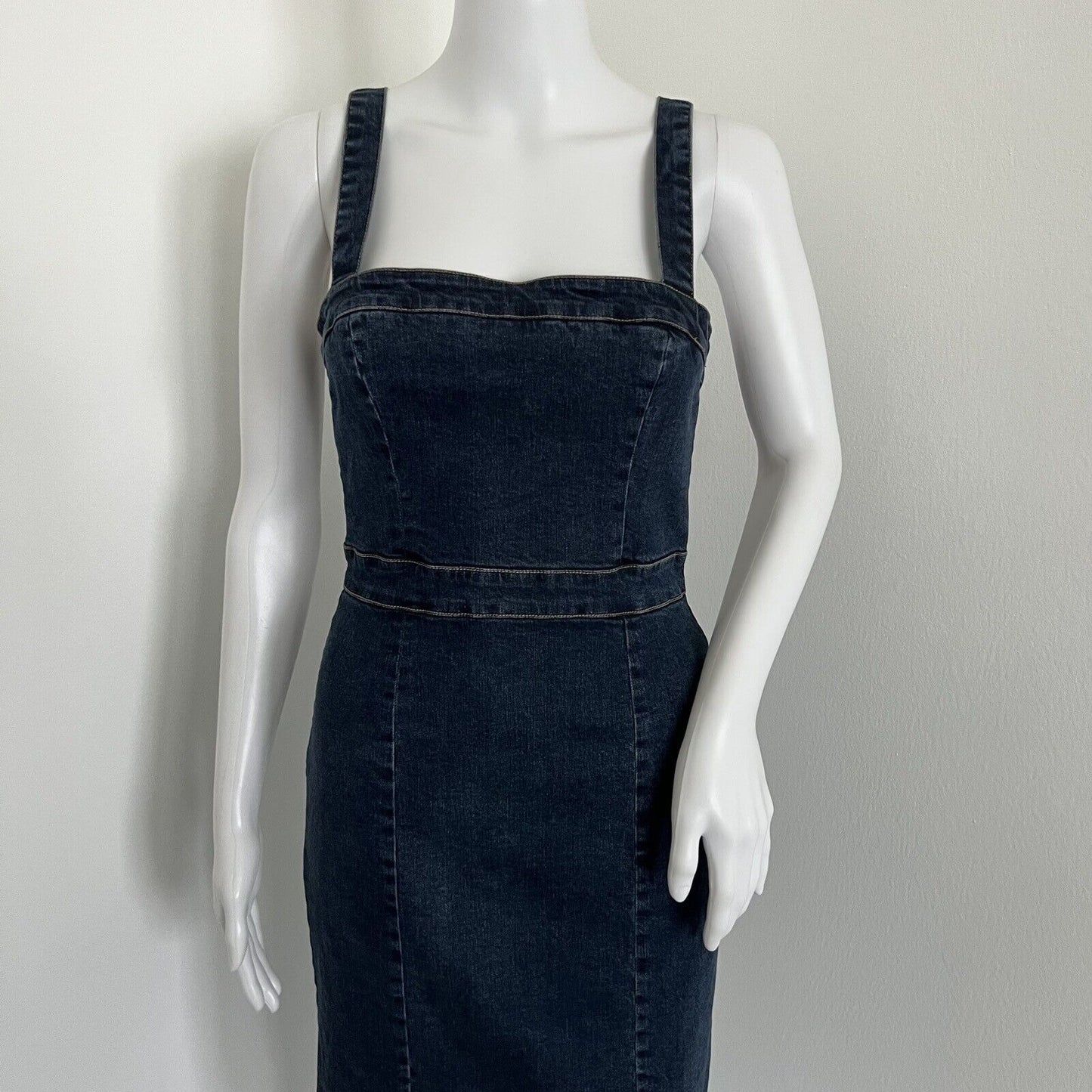 Kookai Women Casella Dress Size 6 38 True Indigo Blue Denim Stretch Square Neck