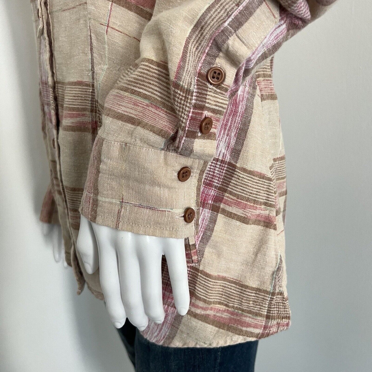 Free People Women Linen Blend Flannel Shirt Size S Fall Hayride Plaid Pink Brown