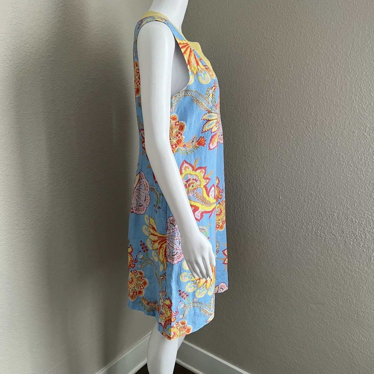 J McLaughlin Dress Size 8 Linen Shift Vneck Blue Yellow Paisley Floral