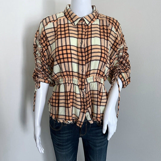 We the Free People Womens Pacific Dawn Plaid Top Size M Boho Wool Blend Orange