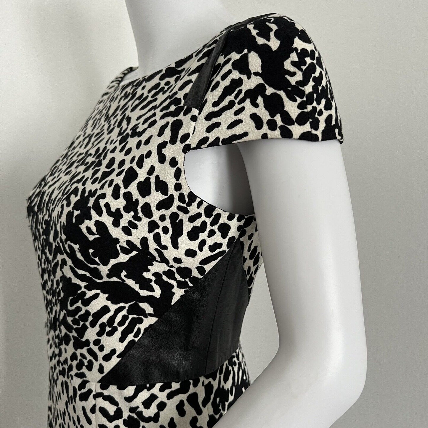 tibi Women Cocktail Dress Size 4 Black White Leopard Print Genuine Leather Mini