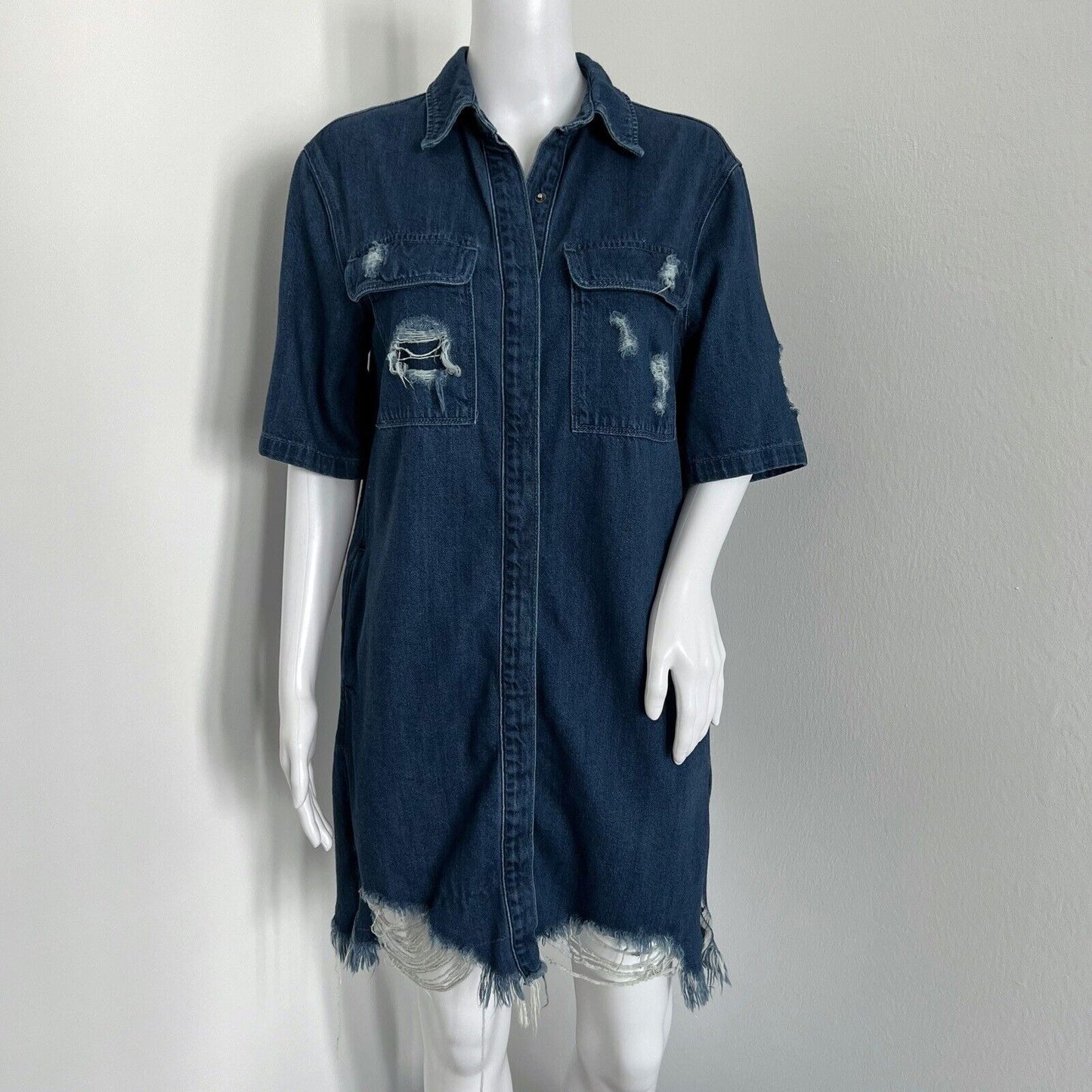 Hidden Jeans Women's Denim Shirt Dress Size S Boho Distressed Raw Hem Snap Front