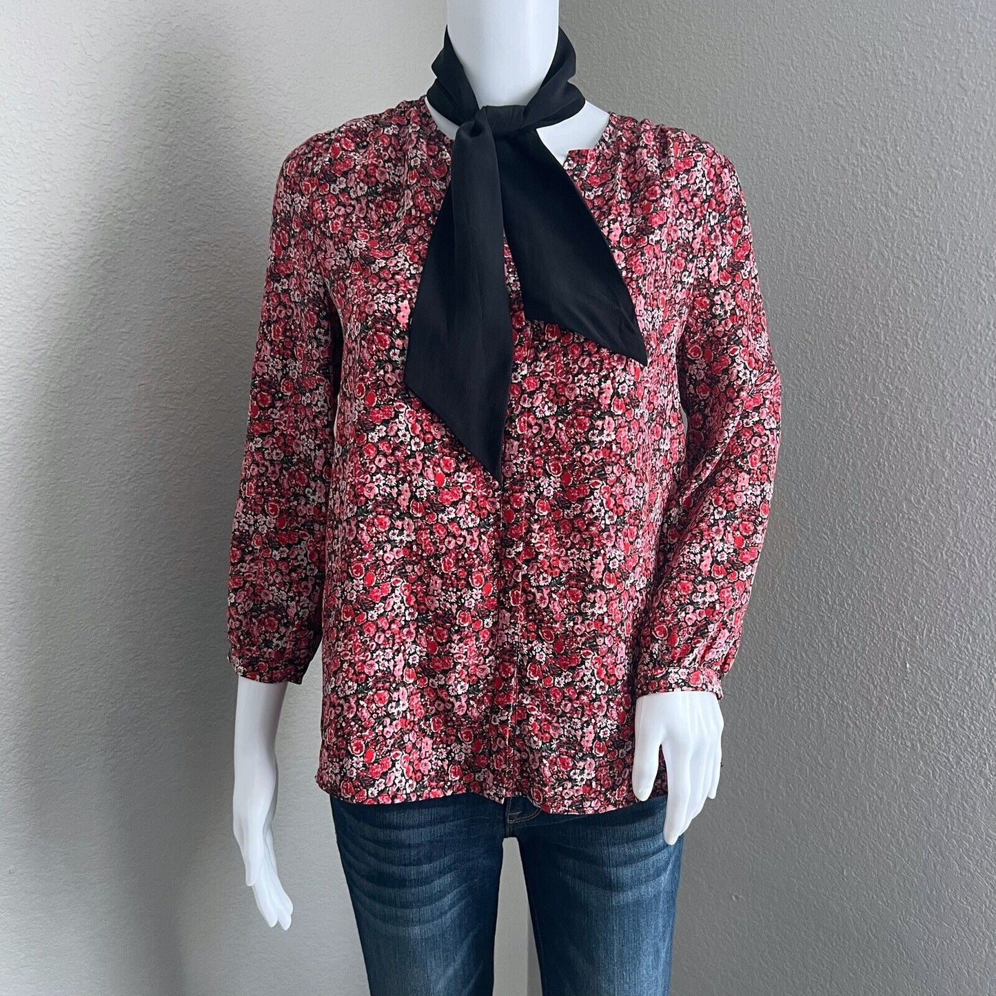 Joie Women's Elick Silk Blouse Size XXS Black Red Floral Grenadine Removable Tie