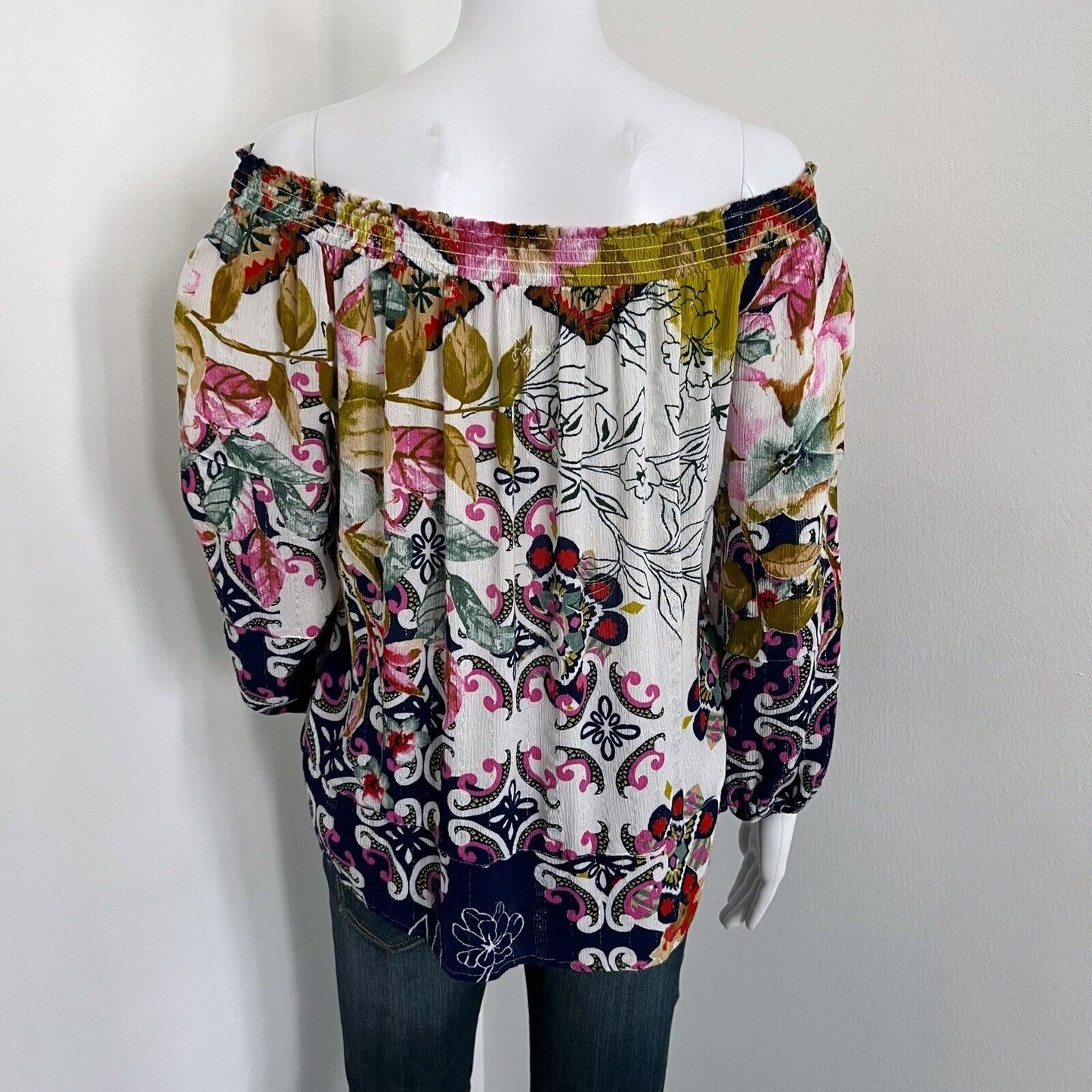 Desigual Women Hydra Blouse Size M Boat Neck Off the Shoulder Long Sleeve Floral