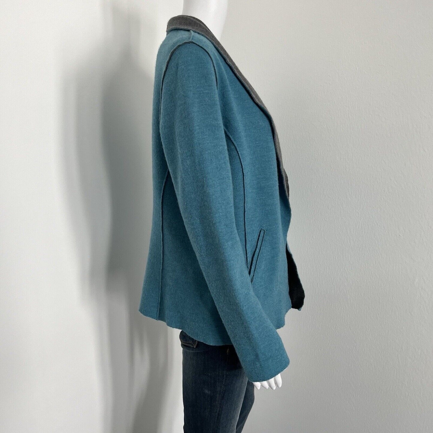 Eileen Fisher Women Merino Wool Blend Jacket Size Petite L PL Blue Gray Pockets