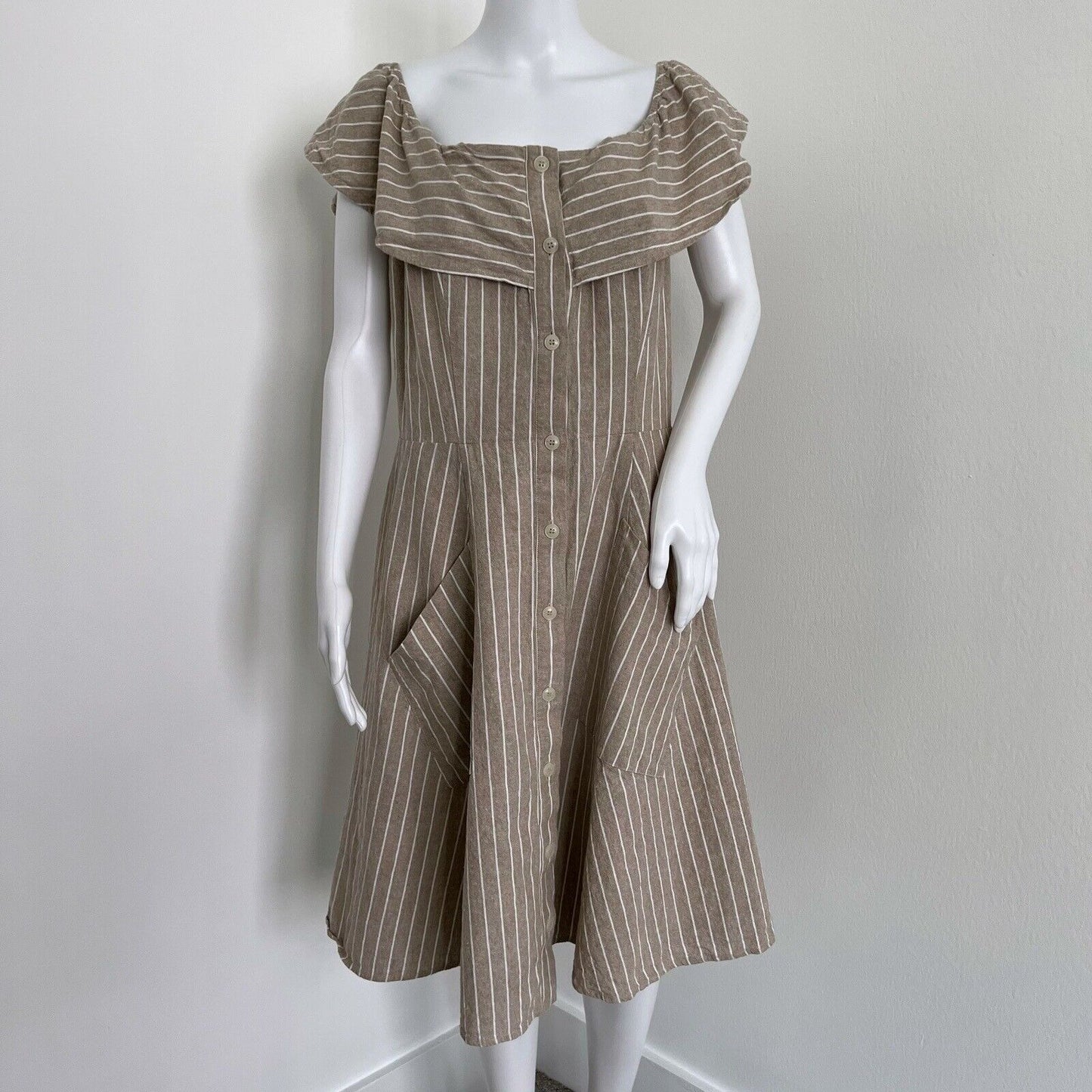 Saks 5th Ave Dress Plus Size 14 Beige Stripe Nautical Pockets Linen Blend