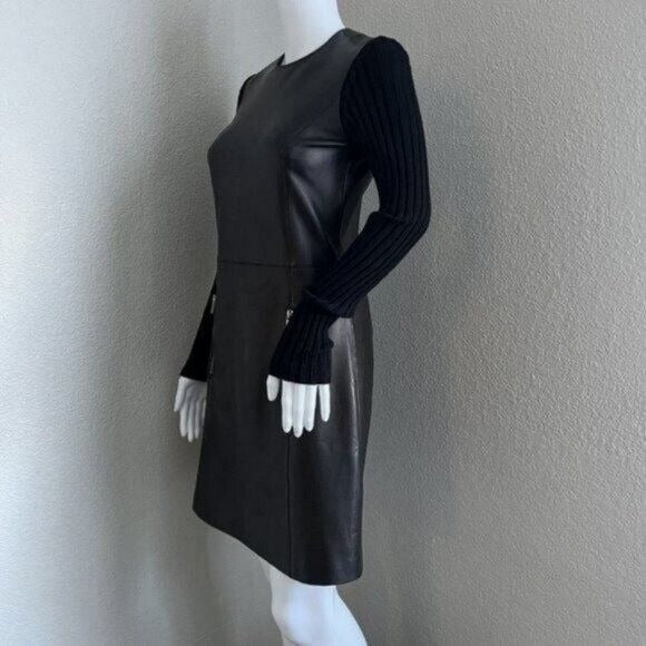 Michael Kors Collection Women's Leather Dress Size 2 Black Long Sleeve Italy