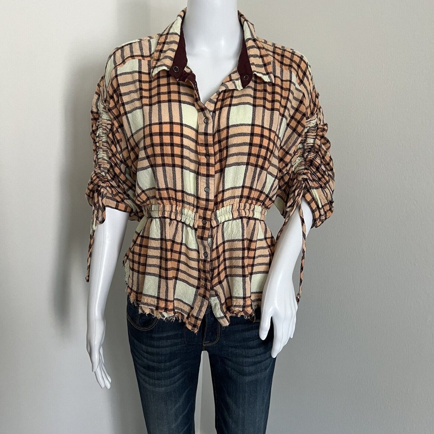 We the Free People Womens Pacific Dawn Plaid Top Size M Boho Wool Blend Orange