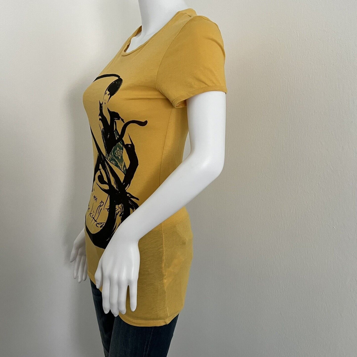 Sisley Women's Tshirt Size XS Yellow Black Cat Lady Short Sleeve Fitted