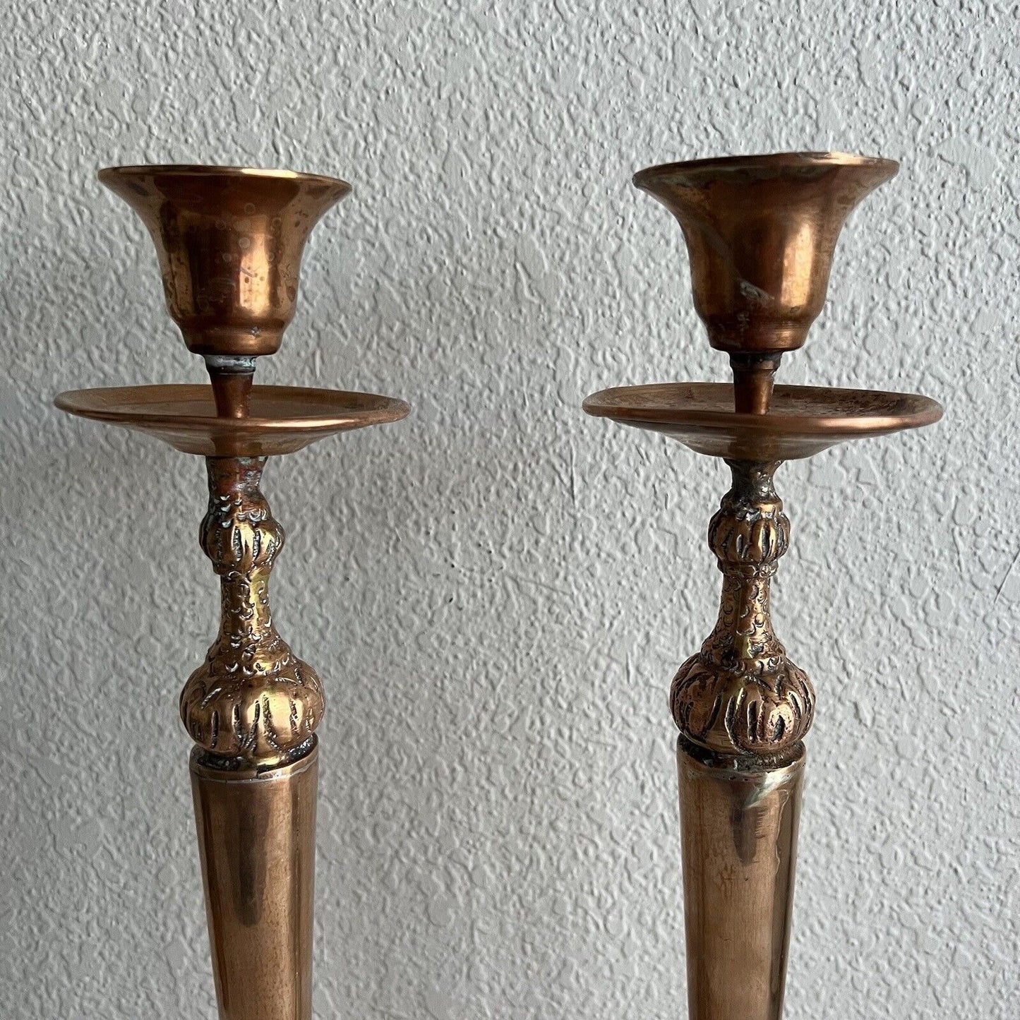 Vintage Copper Candlestick Pair 17" Patina Wide Base Tiered Detailed Unique