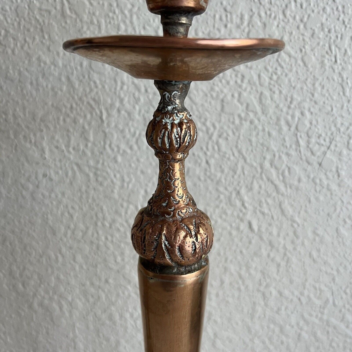 Vintage Copper Candlestick Pair 17" Patina Wide Base Tiered Detailed Unique