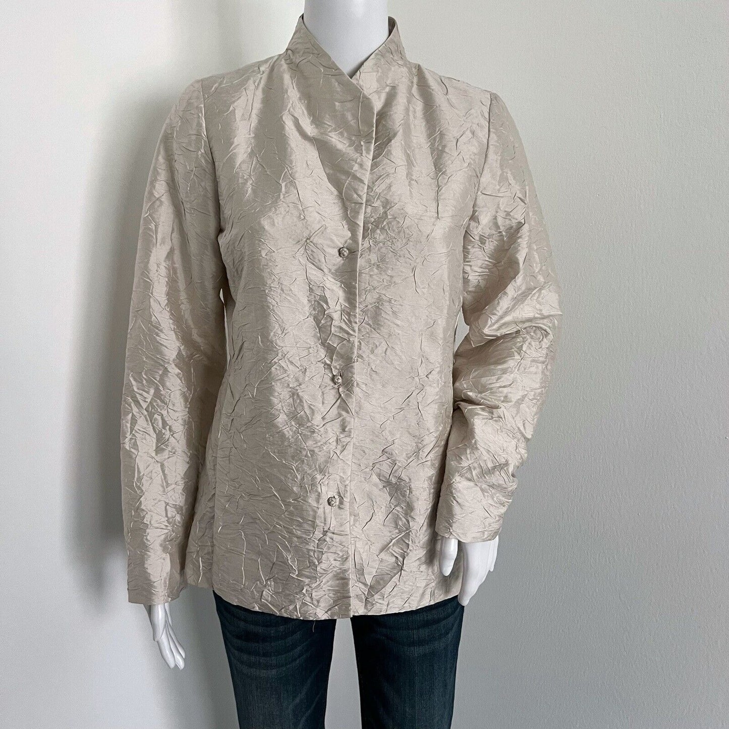 Vintage Eileen Fisher Womens Blouse Size Petite S PS Champagne Crinkle 100% Silk