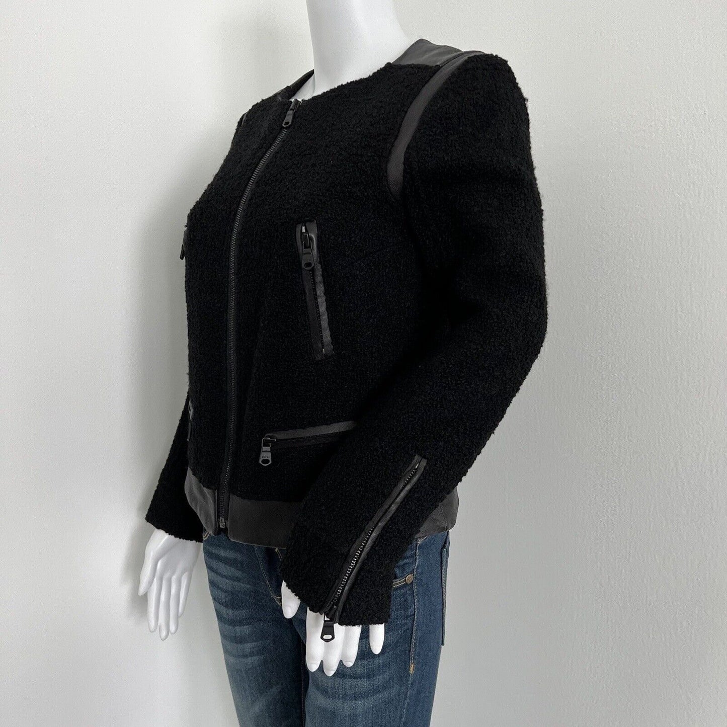 Club Monaco Women's Moto Jacket Size 4 Boucle Black Lambskin Leather Detail