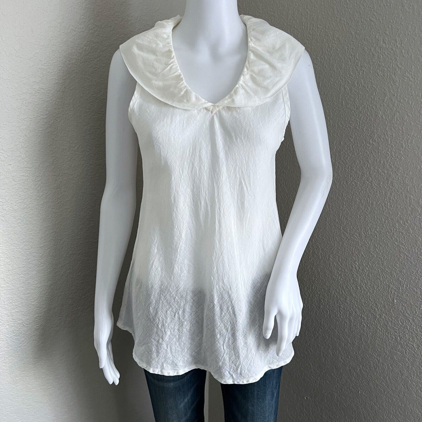 FLAX Women's Ruffle Collar Top Size P Small White Sleeveless 100% Linen