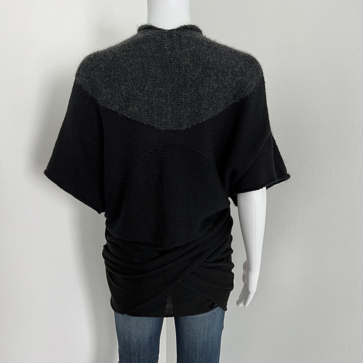 Guinevere Women Wrap Cardigan Sz S M Black Gray Short Sleeve Wool Alpaca Mohair