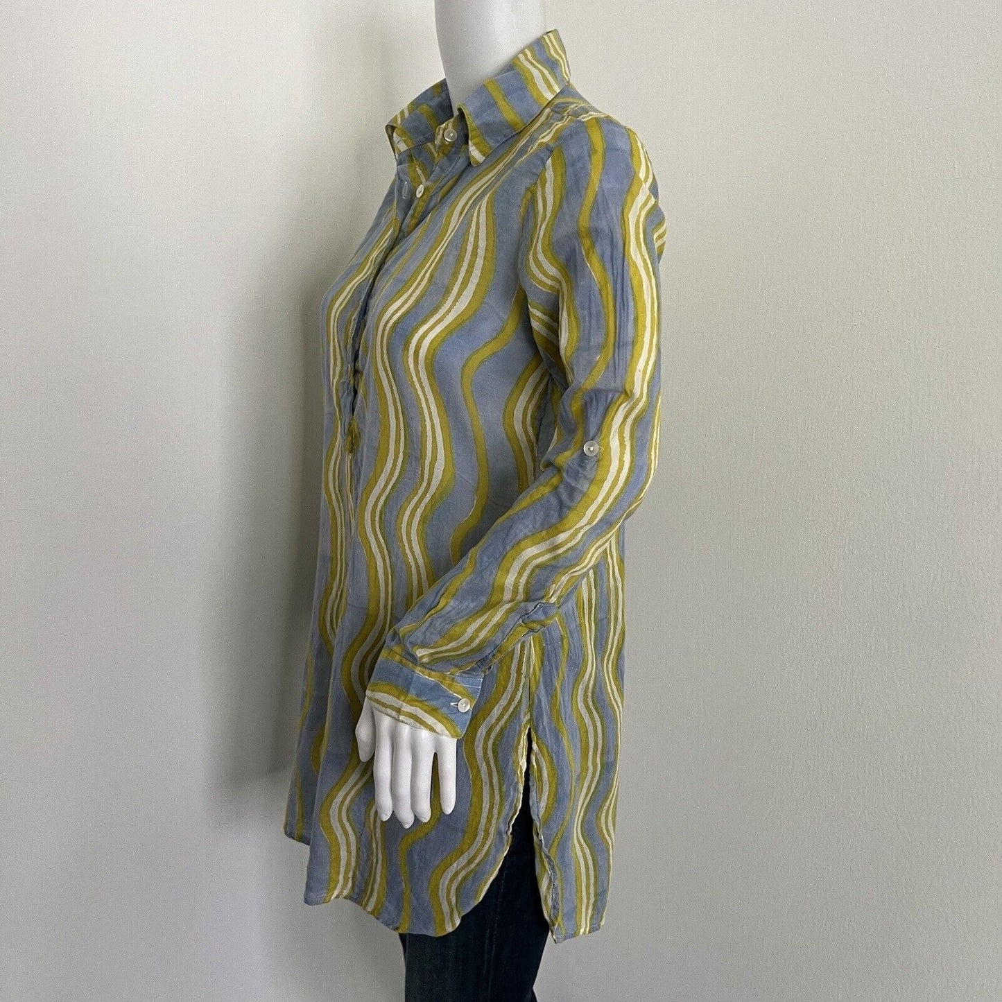 Oliphant Women's Tunic Size XS Blue Yellow Wavey Stripe Long Sleeve 100% Cotton