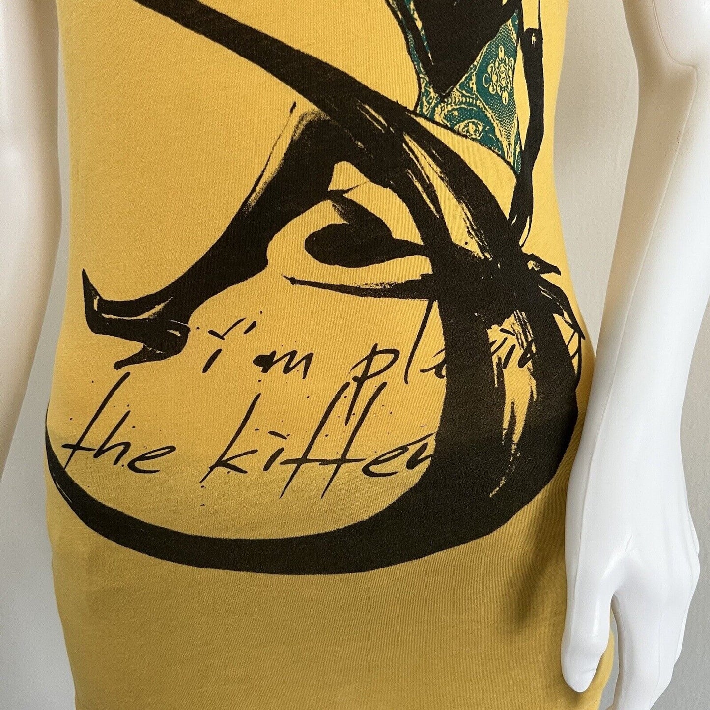 Sisley Women's Tshirt Size XS Yellow Black Cat Lady Short Sleeve Fitted