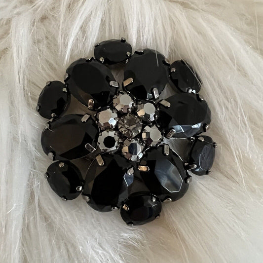 Statement Cluster Brooch Black Faceted Glass Round Rhinestone Flower Gunmetal