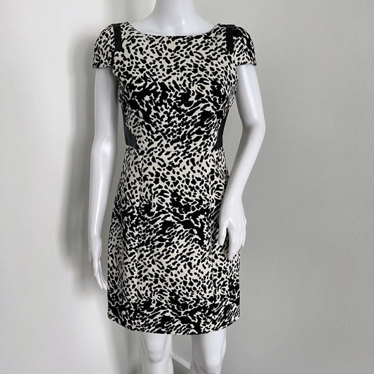 tibi Women Cocktail Dress Size 4 Black White Leopard Print Genuine Leather Mini