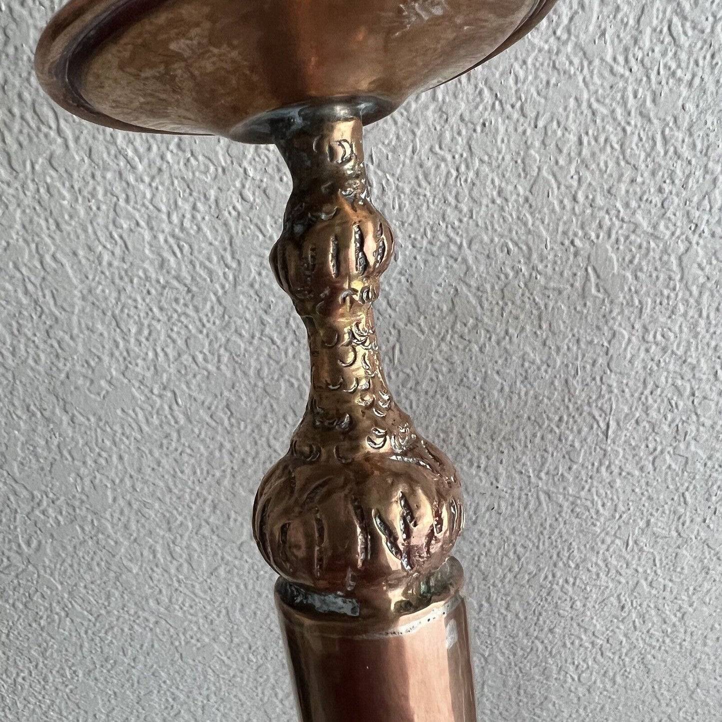 Vintage Copper Candlestick Pair 17" Patina Wide Base Tiered Detailed Unique