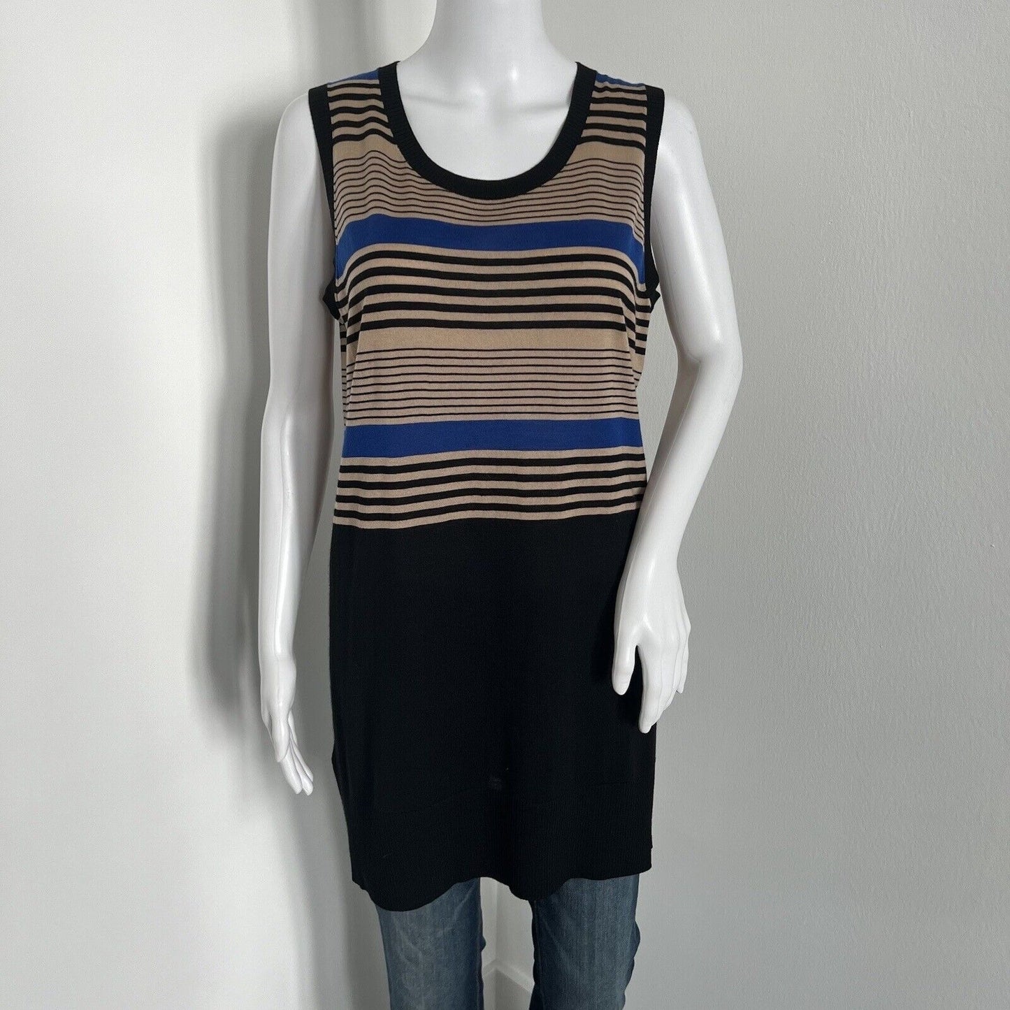 Akris Punto Sleeveless Top Size 12 44 100% Wool Blue Black Striped Colorblock