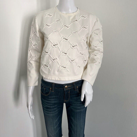 tibi Women's Sweatshirt Size XS Ivory Knots Cropped Long Sleeve Crewneck Stretch