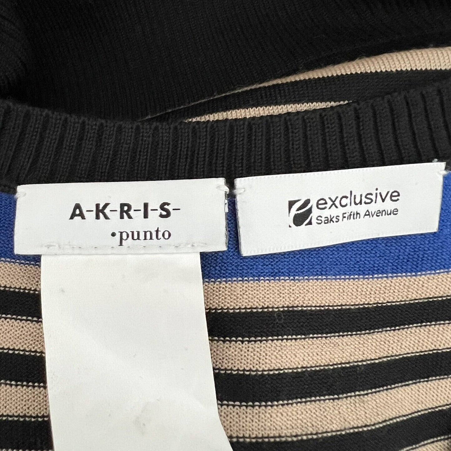 Akris Punto Sleeveless Top Size 12 44 100% Wool Blue Black Striped Colorblock