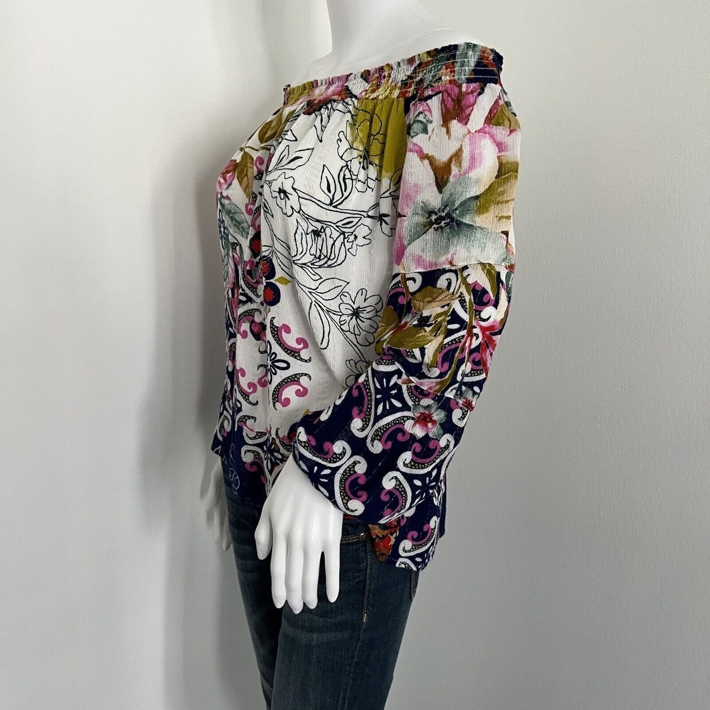 Desigual Women Hydra Blouse Size M Boat Neck Off the Shoulder Long Sleeve Floral