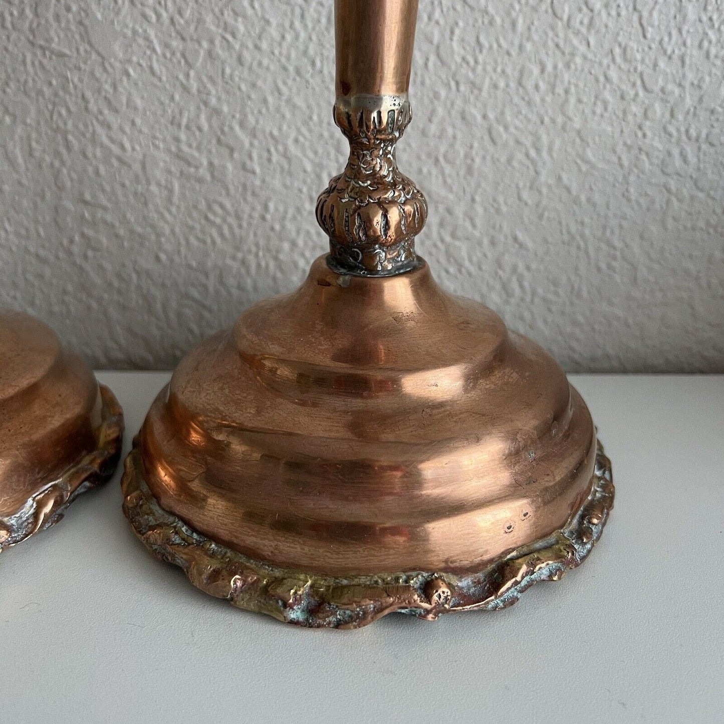 Vintage Copper Candlestick Pair 17" Patina Wide Base Tiered Detailed Unique