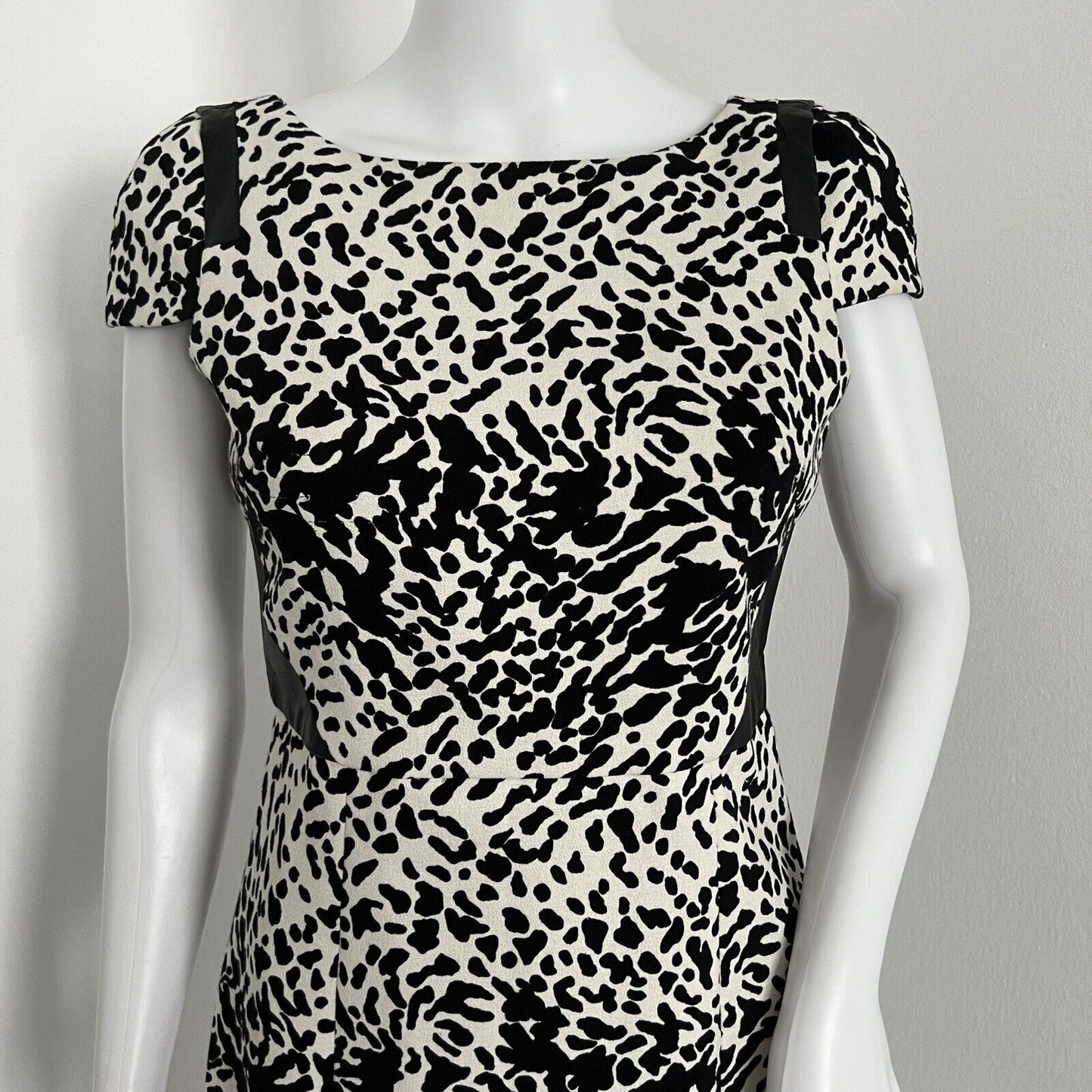 tibi Women Cocktail Dress Size 4 Black White Leopard Print Genuine Leather Mini