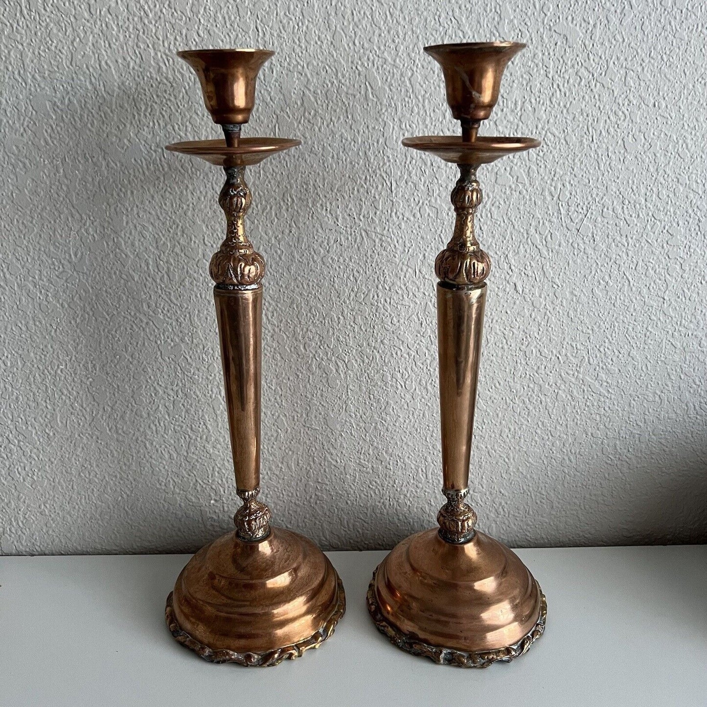 Vintage Copper Candlestick Pair 17" Patina Wide Base Tiered Detailed Unique