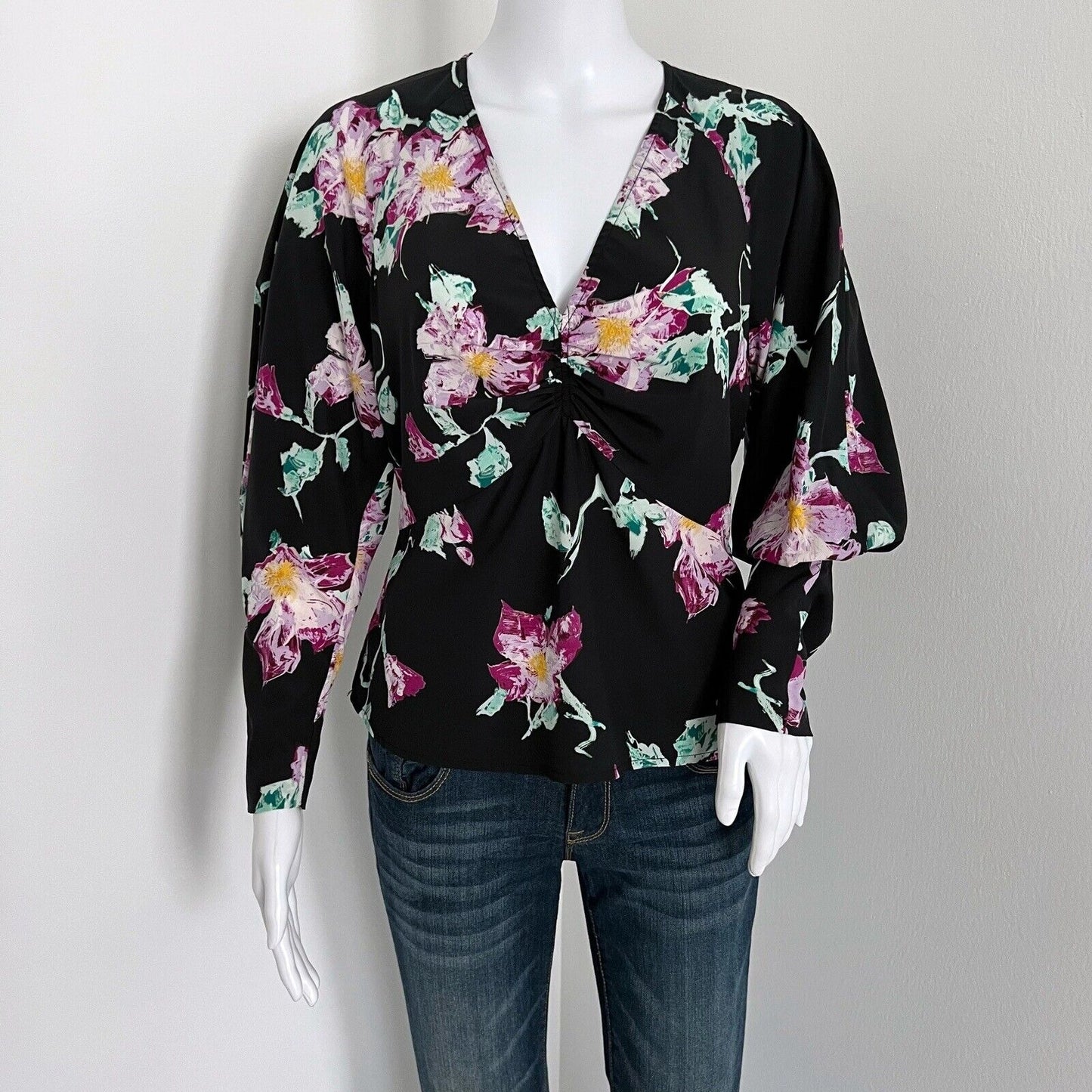 ALC Women's Millie Silk Blend Blouse Size 8 Black Floral Vneck Long Sleeve