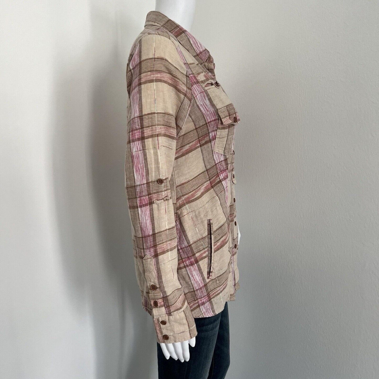 Free People Women Linen Blend Flannel Shirt Size S Fall Hayride Plaid Pink Brown