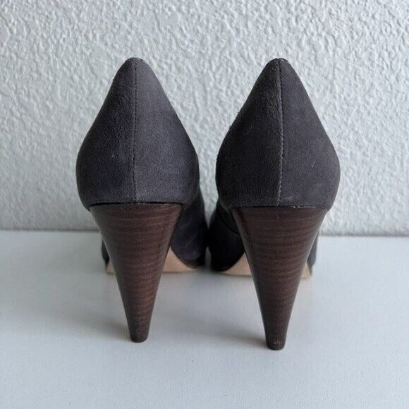 Boden Women's Peep Toe Suede Heels Size 37 7 Gray Taupe Cone Heel Brazil