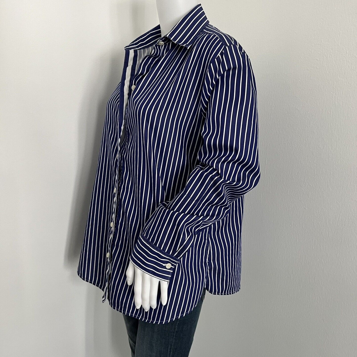 Hinson Wu Women's Chelsea Shirt Size 1 Blue White Striped Collared Long Sleeve