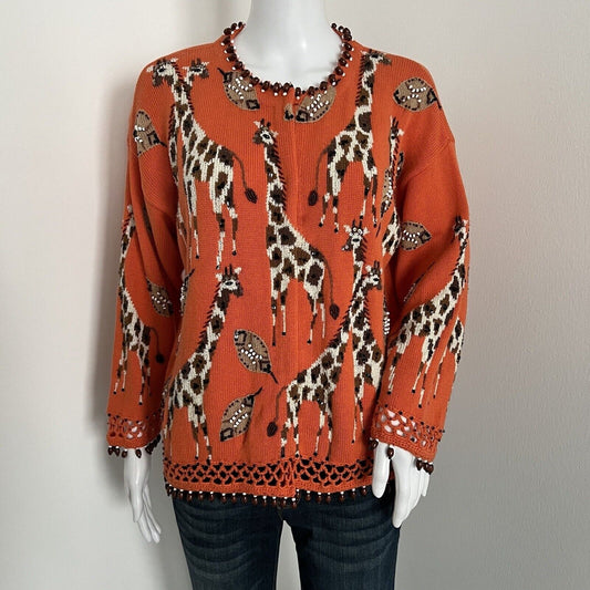 Design Options Philip Jane Gordon Women's Giraffe Cardigan Size S Orange Beaded