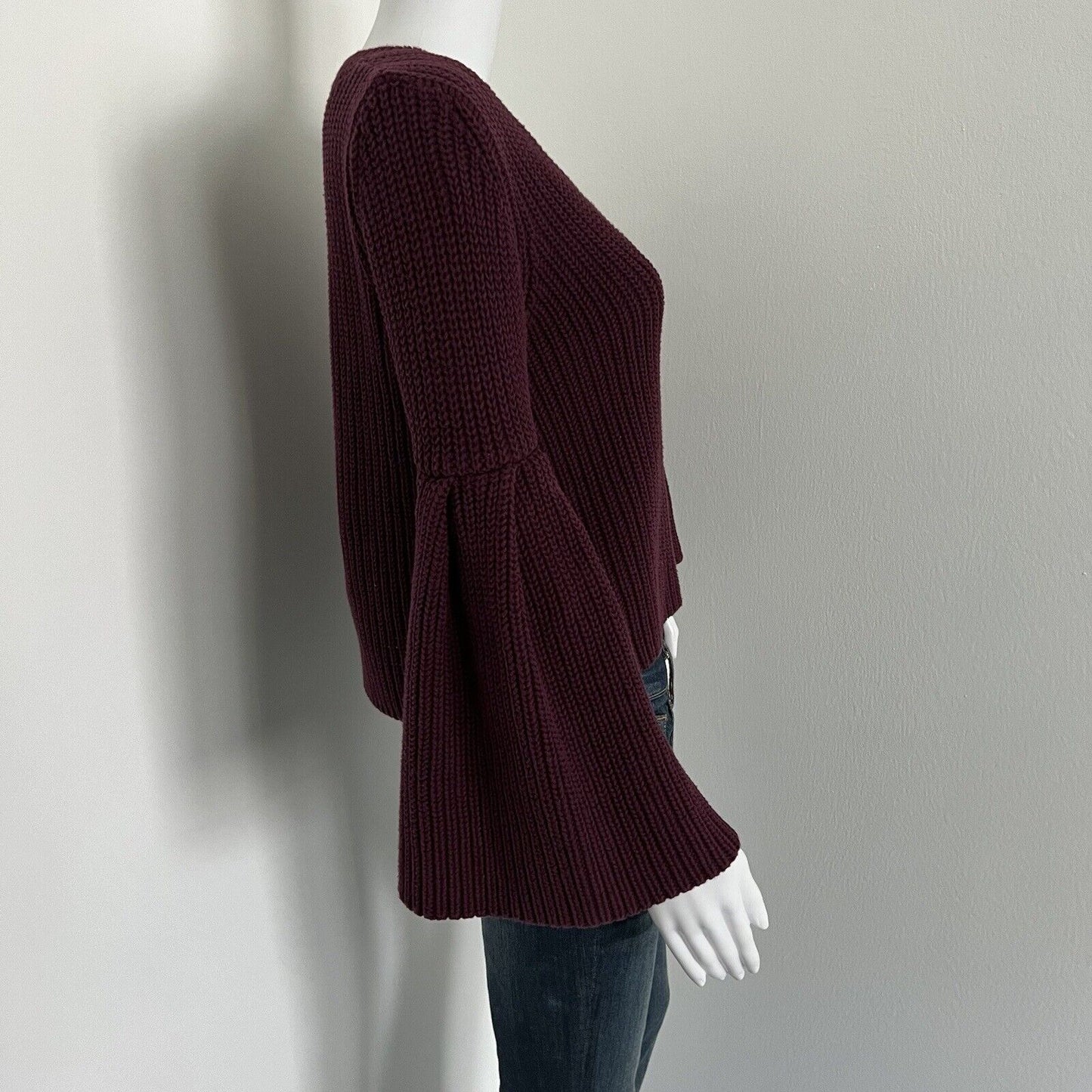 Free People Womens Damsel Knit Bell Sleeve Sweater Size XS Burgundy Cotton Vneck